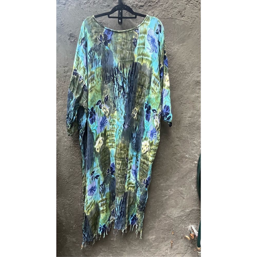 Nefertiti Collection Blue Green Tie Dye Fringed Kaftan Loose Flowy Semi Sheer Ma View 6